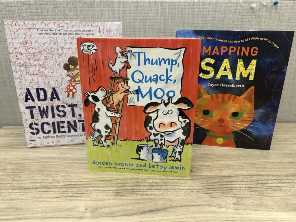 Three books: Mapping Sam; Thump, Quack, Moo; Ada Twist, Scientist