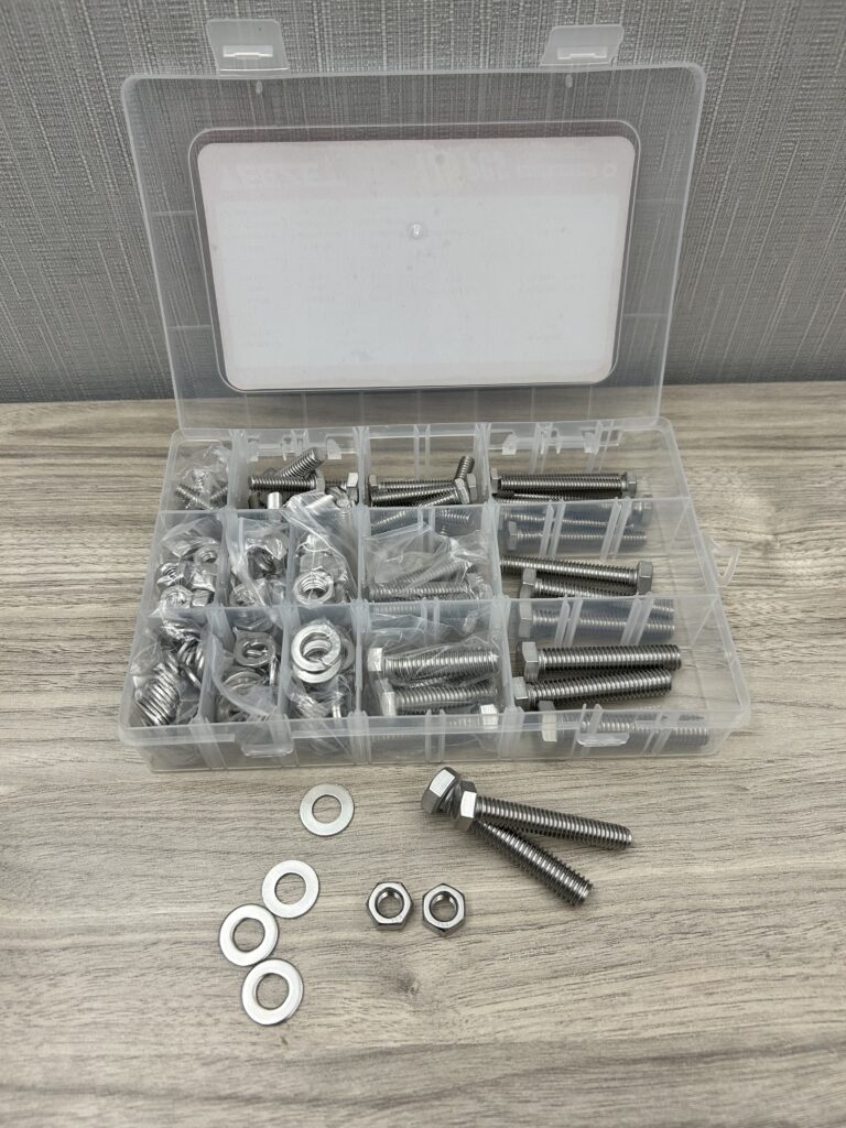 Washers and bolts in containers